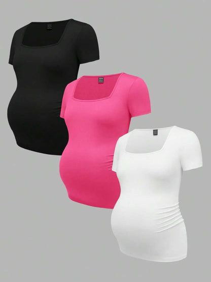 3-Piece Maternity Ribbed Knit Short Sleeve T-Shirt Set - Black White Gray Scoop Neck Fitted Pregnancy Basics