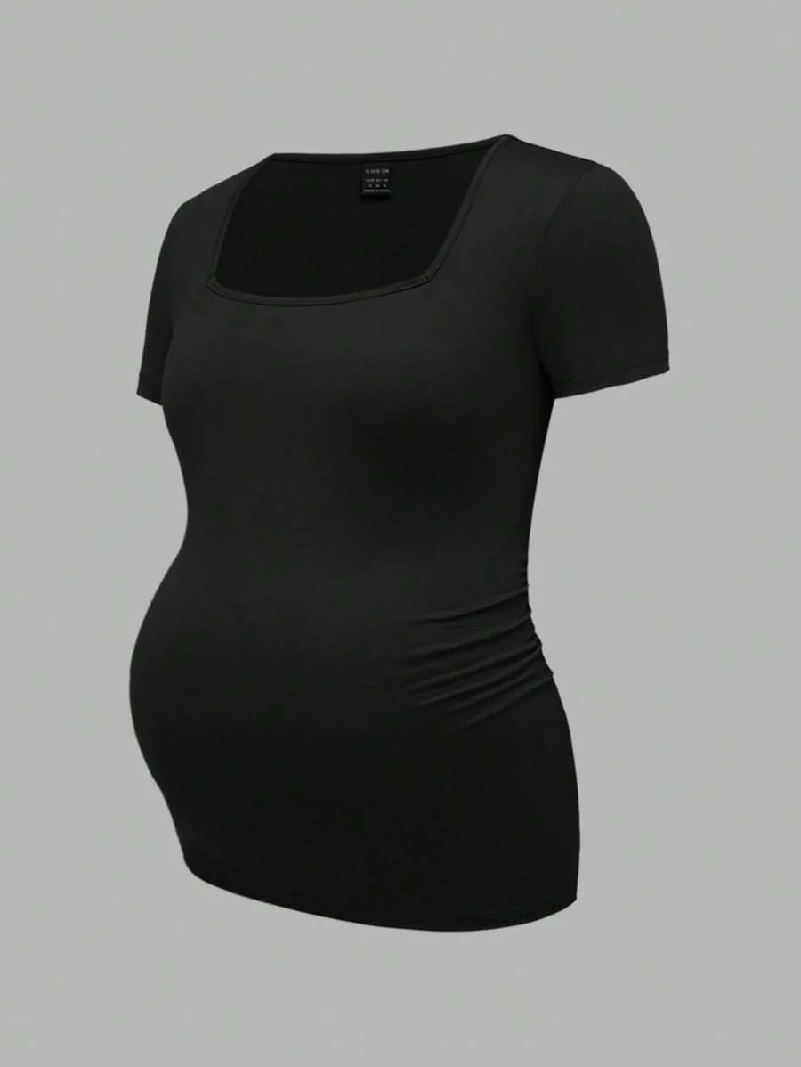 3-Piece Maternity Ribbed Knit Short Sleeve T-Shirt Set - Black White Gray Scoop Neck Fitted Pregnancy Basics