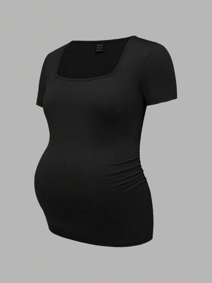 3-Piece Maternity Ribbed Knit Short Sleeve T-Shirt Set - Black White Gray Scoop Neck Fitted Pregnancy Basics