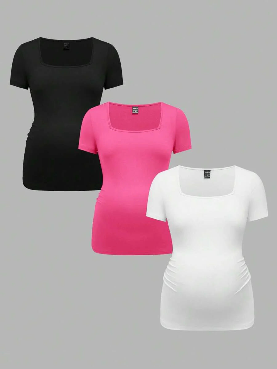 3-Piece Maternity Ribbed Knit Short Sleeve T-Shirt Set - Black White Gray Scoop Neck Fitted Pregnancy Basics