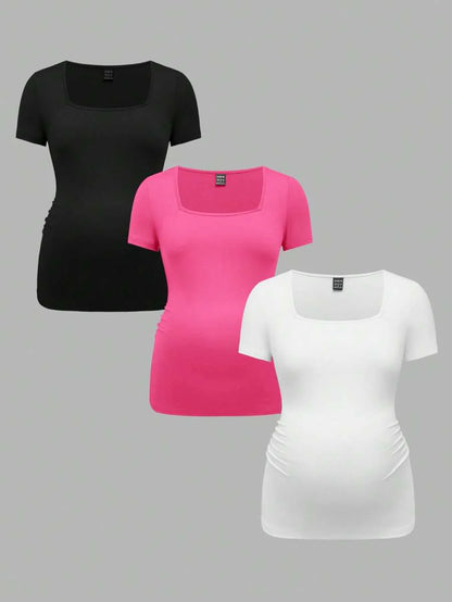3-Piece Maternity Ribbed Knit Short Sleeve T-Shirt Set - Black White Gray Scoop Neck Fitted Pregnancy Basics