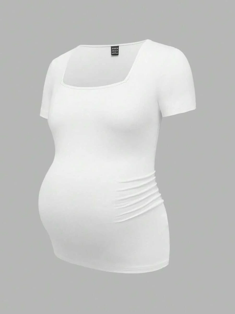 3-Piece Maternity Ribbed Knit Short Sleeve T-Shirt Set - Black White Gray Scoop Neck Fitted Pregnancy Basics