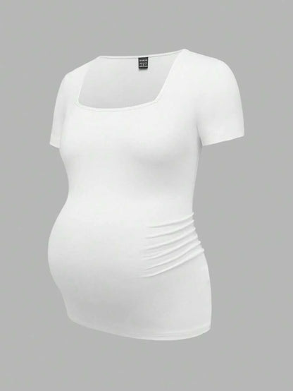 3-Piece Maternity Ribbed Knit Short Sleeve T-Shirt Set - Black White Gray Scoop Neck Fitted Pregnancy Basics