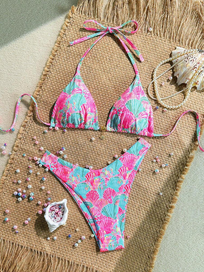 Swim Vcay Swim Mod Summer 2pcs Halter Random Floral Print & High Cut Bottoms Bikini Set, Beach Vacation