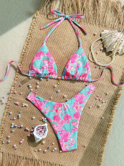 Swim Mod Summer 2 Pieces Outfits For Women - Spaghetti Strap Random Print Top And High Cut Swim Bottoms, Beach Holiday Bikini Set