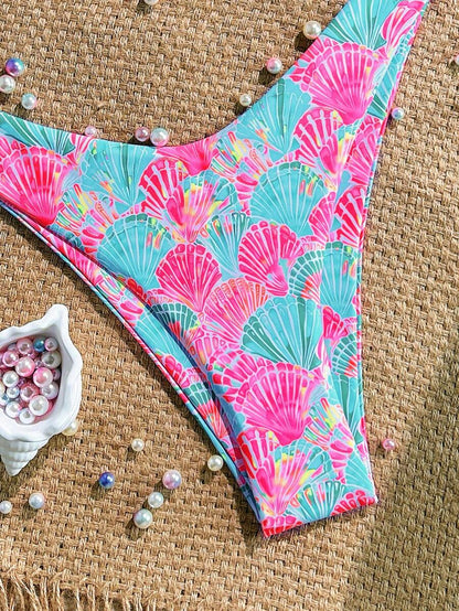 Swim Mod Summer 2 Pieces Outfits For Women - Spaghetti Strap Random Print Top And High Cut Swim Bottoms, Beach Holiday Bikini Set