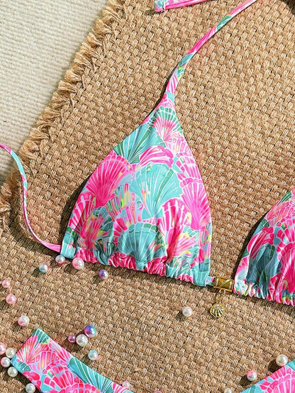 Swim Vcay Swim Mod Summer 2pcs Halter Random Floral Print & High Cut Bottoms Bikini Set, Beach Vacation