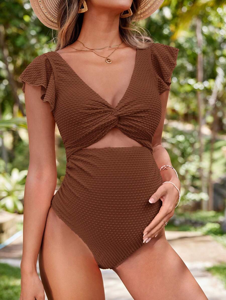 Maternity Twist Cutout One-Piece Swimsuit - Purple V-Neck Sleeveless Knitted Beach Swimwear with Removable Padding