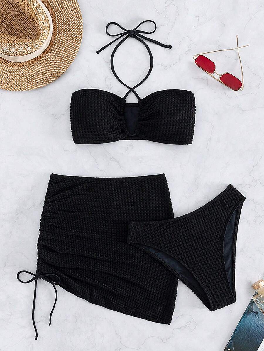 Swim Vcay Separates Swimwear With Halter Neck Solid Color Top, Triangle Bottoms And Sarong Skirt For Summer Beach Vacation