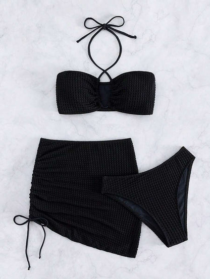 Swim Vcay Separates Swimwear With Halter Neck Solid Color Top, Triangle Bottoms And Sarong Skirt For Summer Beach Vacation
