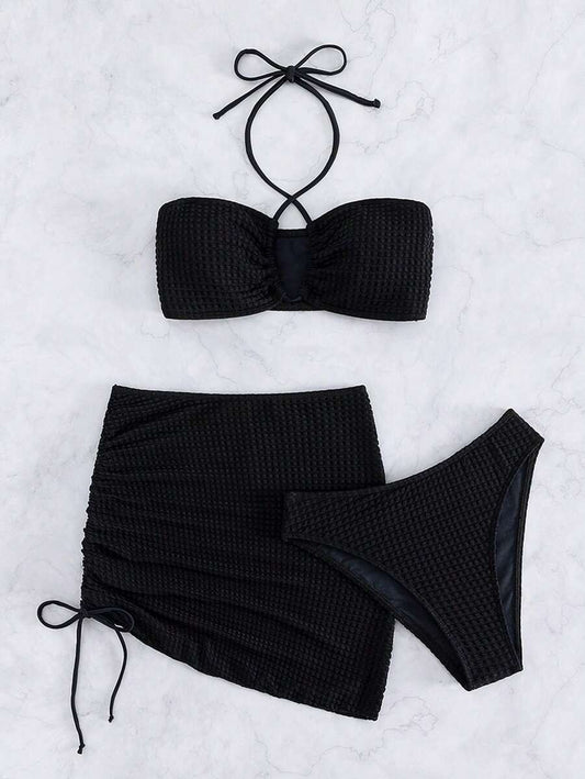 Swim Vcay Separates Swimwear With Halter Neck Solid Color Top, Triangle Bottoms And Sarong Skirt For Summer Beach Vacation