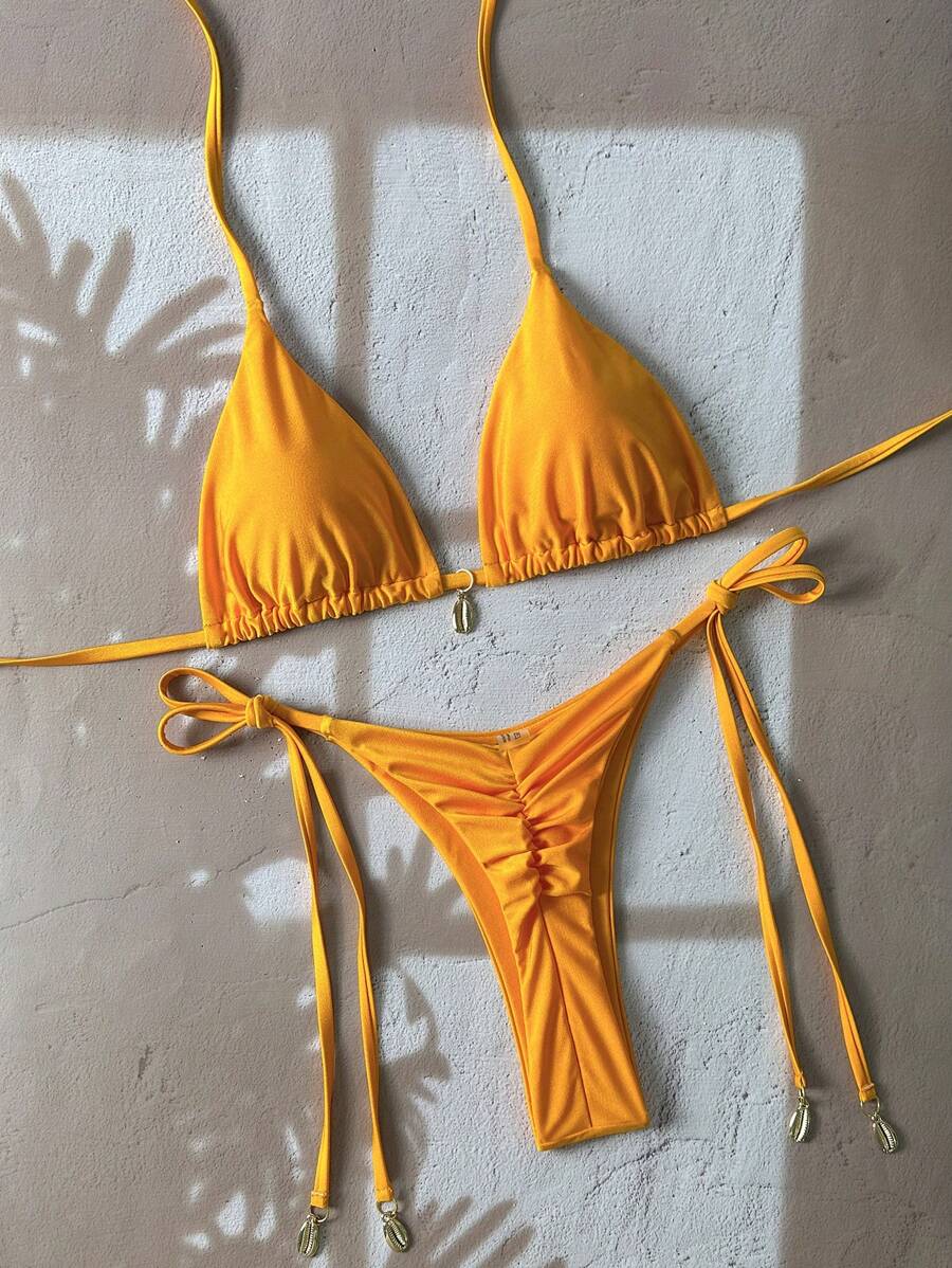 Swim Chiccia Women Spring Break Summer Beach Solid Color Halter Tie Sexy Bikini Swimsuit Set