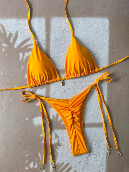 Swim Chiccia Women Spring Break Summer Beach Solid Color Halter Tie Sexy Bikini Swimsuit Set