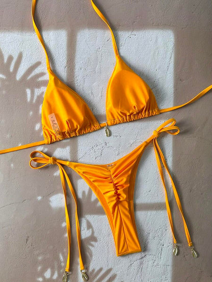 Swim Chiccia Women Spring Break Summer Beach Solid Color Halter Tie Sexy Bikini Swimsuit Set