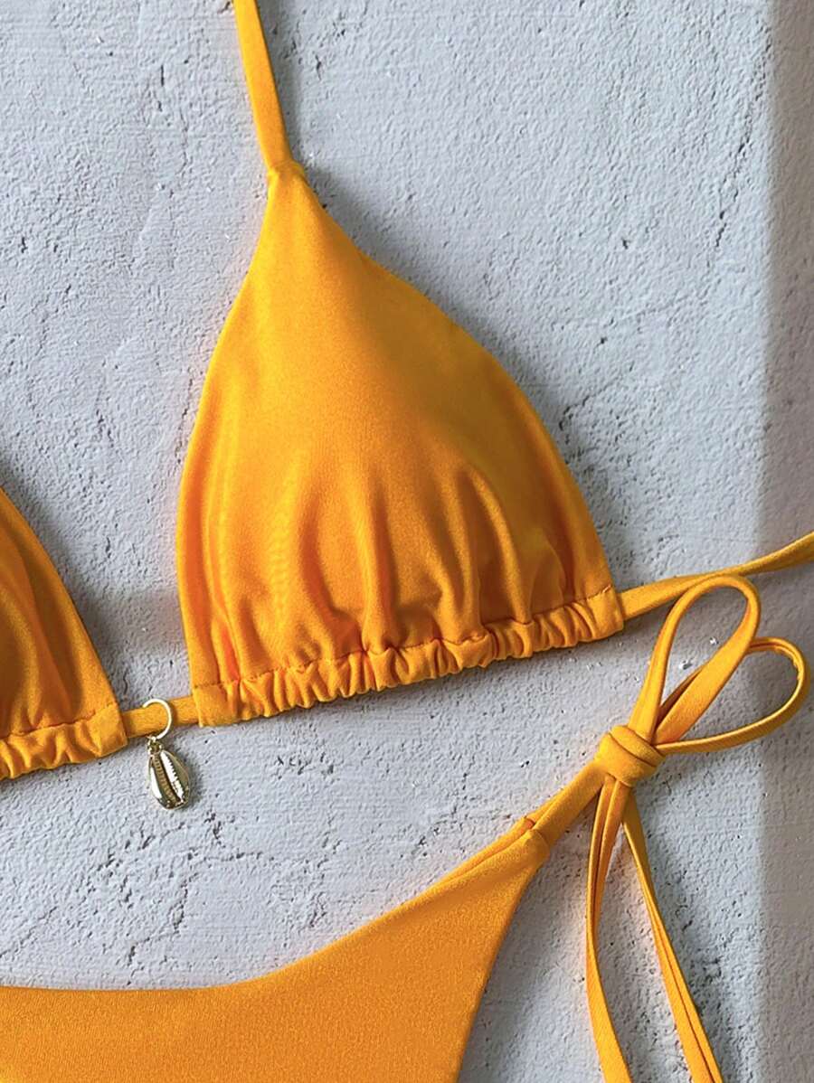 Swim Chiccia Women Spring Break Summer Beach Solid Color Halter Tie Sexy Bikini Swimsuit Set