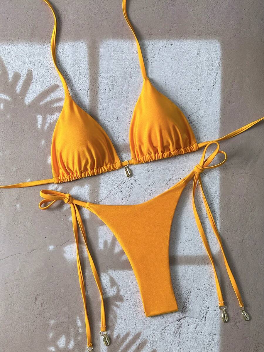 Swim Chiccia Women Spring Break Summer Beach Solid Color Halter Tie Sexy Bikini Swimsuit Set