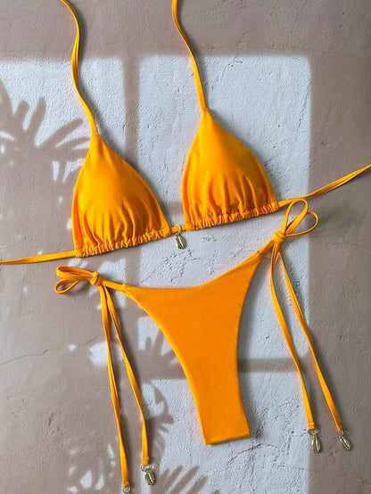 Swim Chiccia Women Spring Break Summer Beach Solid Color Halter Tie Sexy Bikini Swimsuit Set