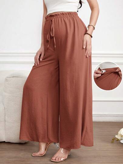 Maternity Wide Leg Pants Loose Fit Redwood Drawstring Elastic Waist Casual Long Trousers for Home and Summer Comfort