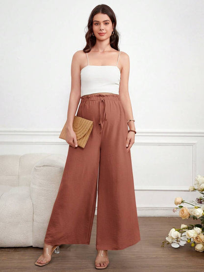 Maternity Wide Leg Pants Loose Fit Redwood Drawstring Elastic Waist Casual Long Trousers for Home and Summer Comfort