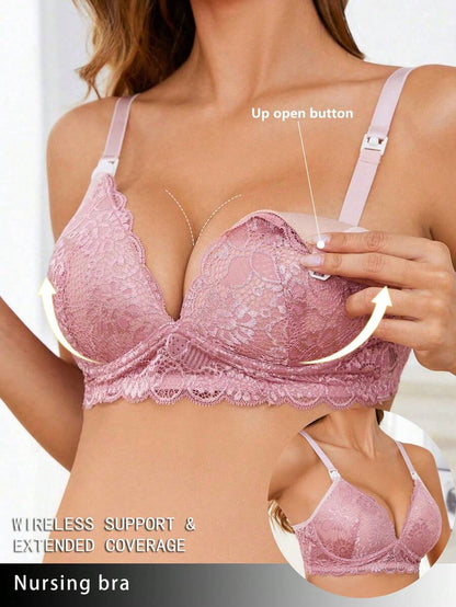Maternity Lace Button Front Nursing Bra Women Elegant Solid Color Sexy Comfortable Breastfeeding Lingerie Bra