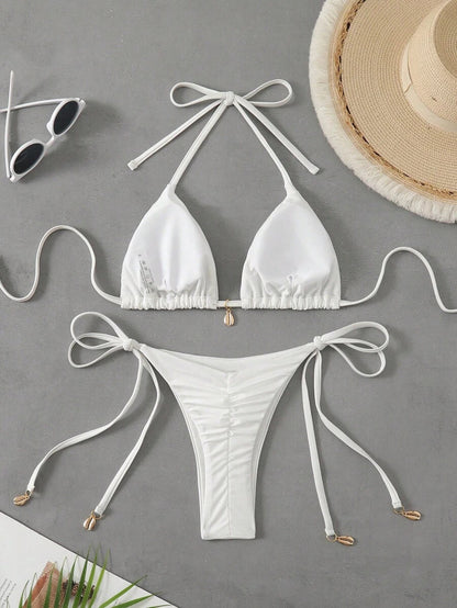 Swim Chiccia Women Spring Break Summer Beach Solid Color Halter Tie Sexy Bikini Swimsuit Set