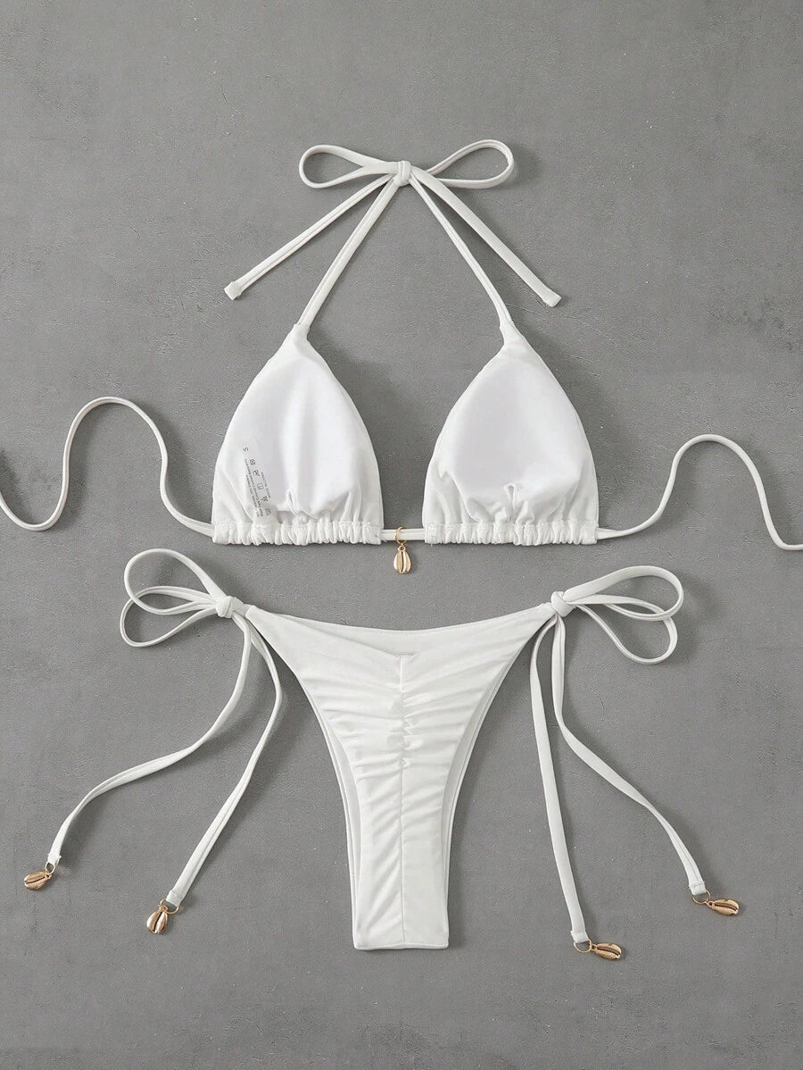 Swim Chiccia Women Spring Break Summer Beach Solid Color Halter Tie Sexy Bikini Swimsuit Set