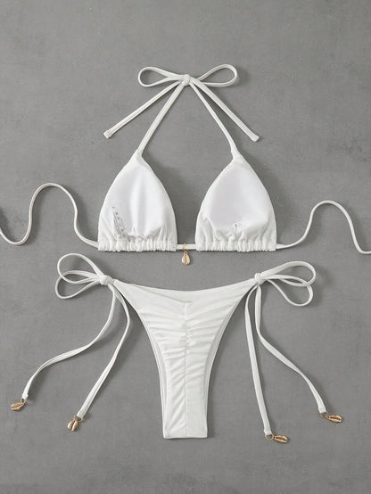 Swim Chiccia Women Spring Break Summer Beach Solid Color Halter Tie Sexy Bikini Swimsuit Set