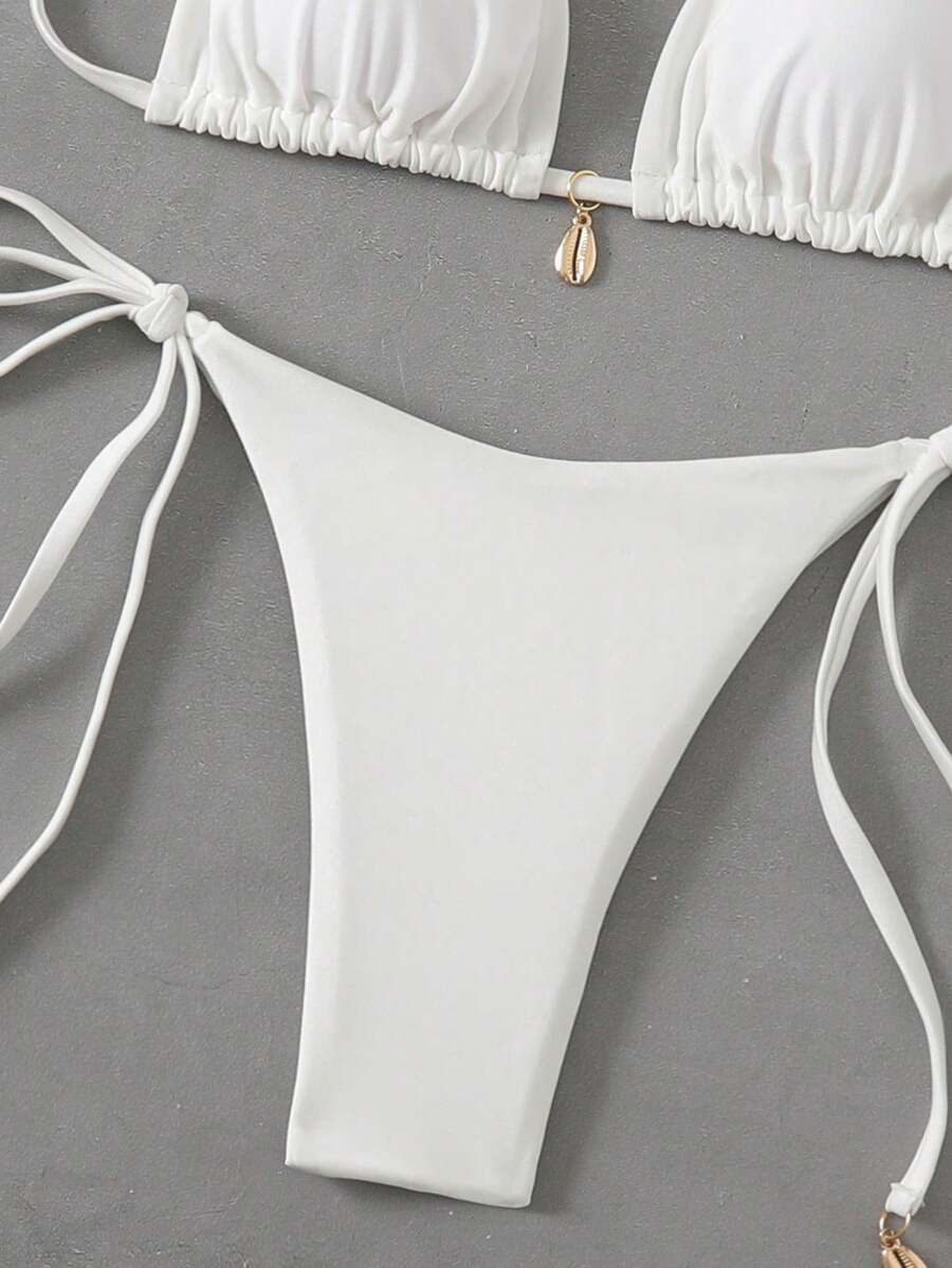 Swim Chiccia Women Spring Break Summer Beach Solid Color Halter Tie Sexy Bikini Swimsuit Set