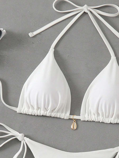 Swim Chiccia Women Spring Break Summer Beach Solid Color Halter Tie Sexy Bikini Swimsuit Set