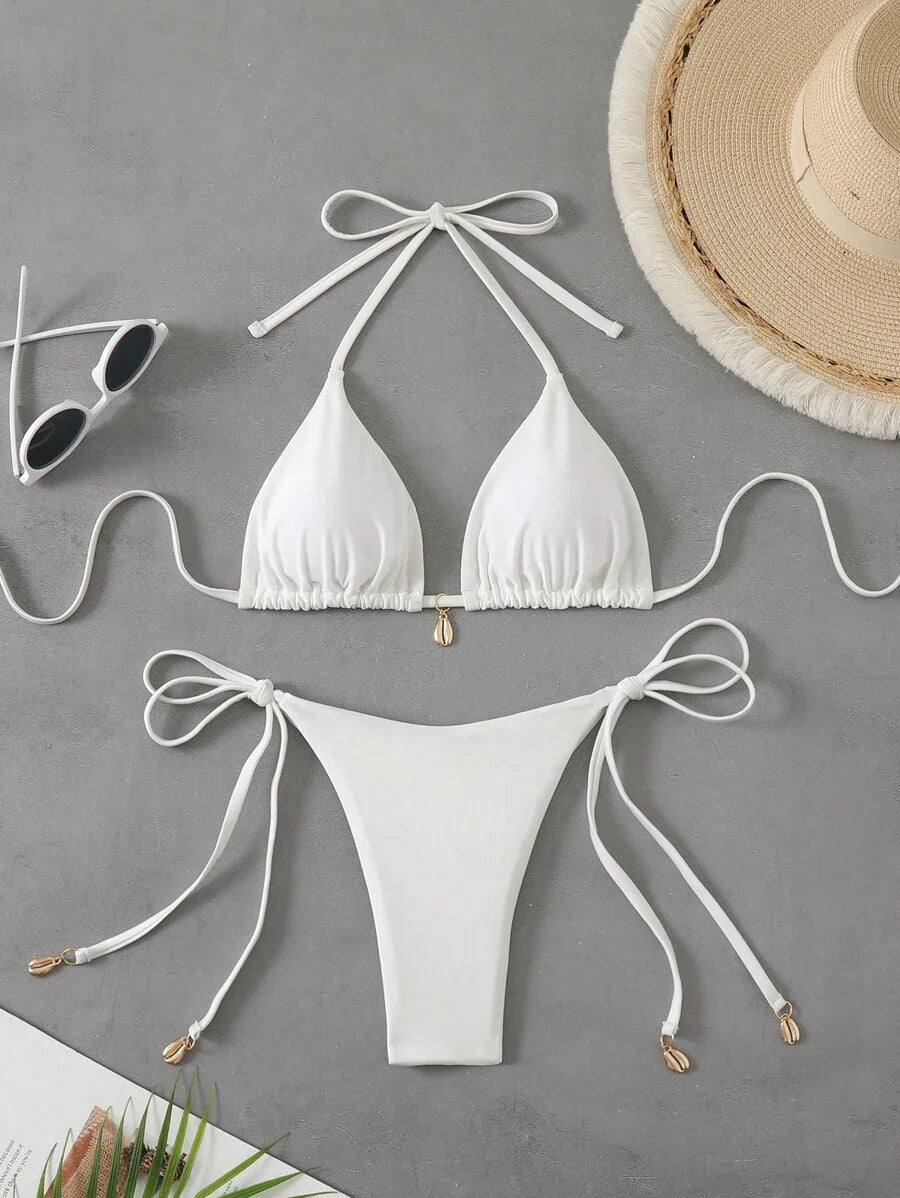 Swim Chiccia Women Spring Break Summer Beach Solid Color Halter Tie Sexy Bikini Swimsuit Set