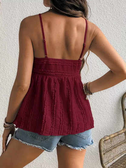 Red Ruffle Hem Babydoll Maternity Cami Top - Slim Fit Ruched Spaghetti Strap Sleeveless Knitted Nursing Friendly Camisole