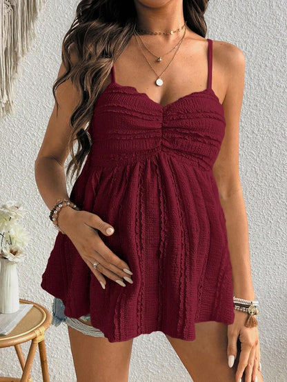 Red Ruffle Hem Babydoll Maternity Cami Top - Slim Fit Ruched Spaghetti Strap Sleeveless Knitted Nursing Friendly Camisole