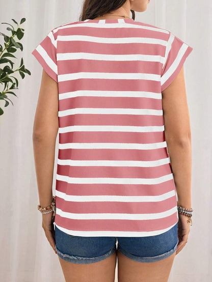 Navy Blue Striped Maternity T-Shirt - Loose Fit Batwing Sleeve Round Neck Summer Top - Casual Knitted Cap Sleeve Pregnancy Shirt