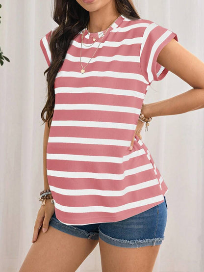 Navy Blue Striped Maternity T-Shirt - Loose Fit Batwing Sleeve Round Neck Summer Top - Casual Knitted Cap Sleeve Pregnancy Shirt