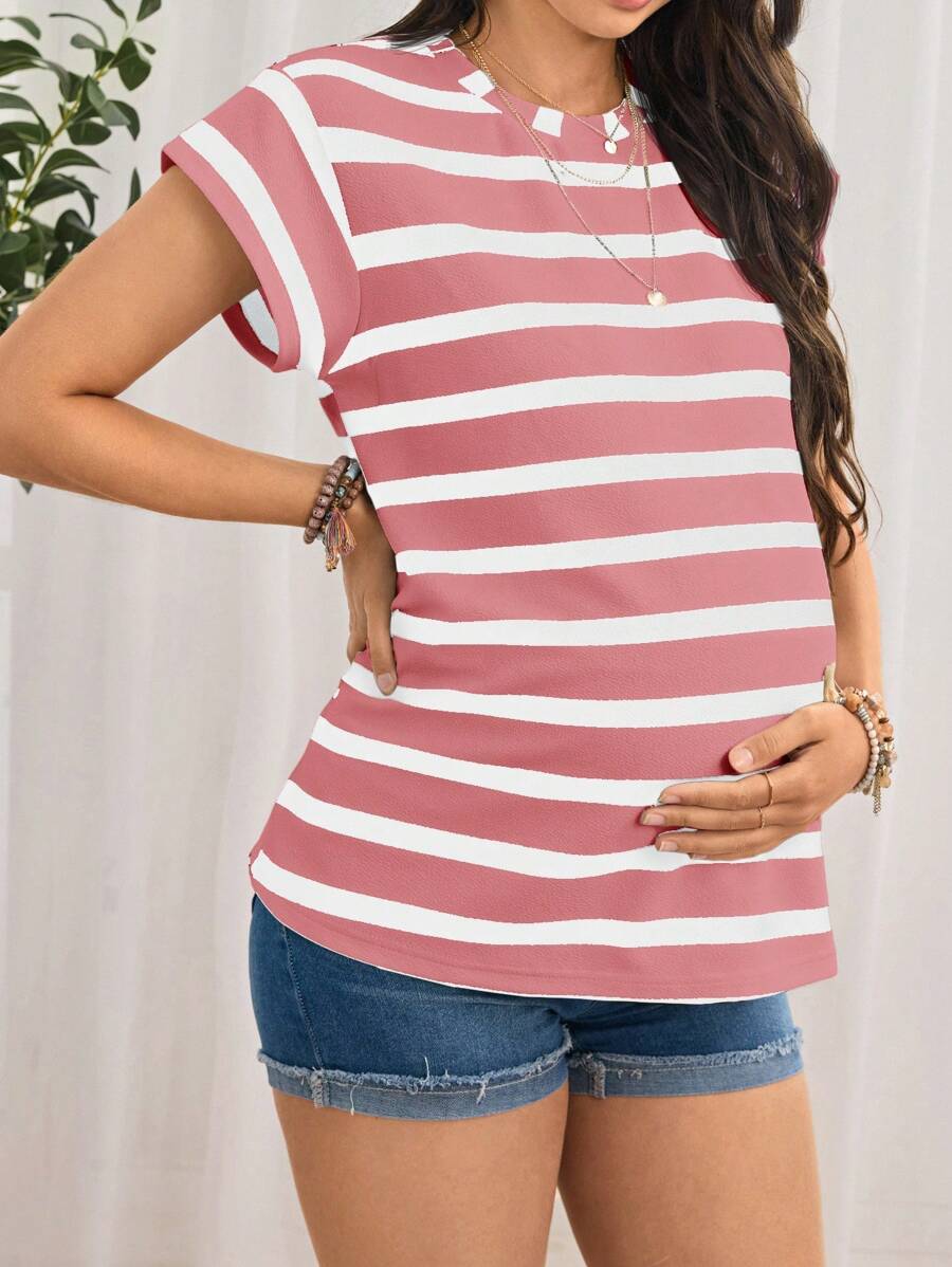 Navy Blue Striped Maternity T-Shirt - Loose Fit Batwing Sleeve Round Neck Summer Top - Casual Knitted Cap Sleeve Pregnancy Shirt