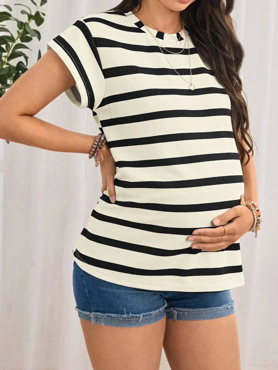 Maternity Short Sleeve Striped T-Shirt, Minimalist & Stylish, Suitable For Summer