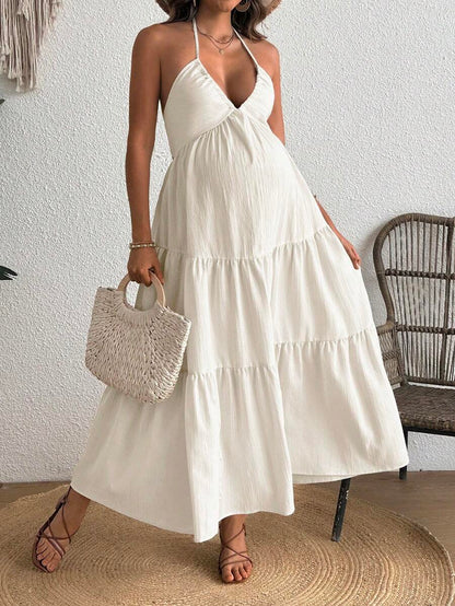 Cherish Maternity Solid Color Backless Maxi Maternity Dress Elegant Sleeveless V Neck Slim Fit Flowy Summer Gown Black