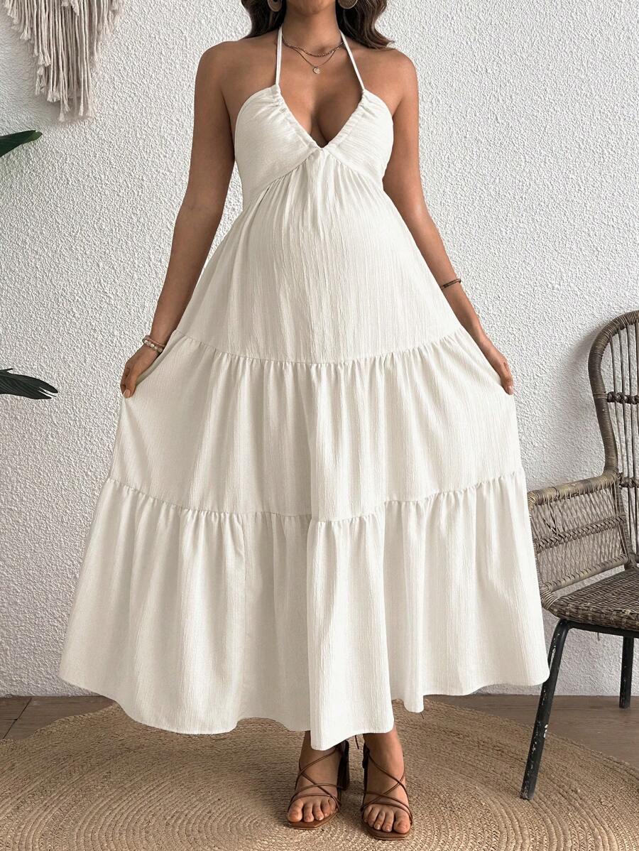 Cherish Maternity Solid Color Backless Maxi Maternity Dress Elegant Sleeveless V Neck Slim Fit Flowy Summer Gown Black