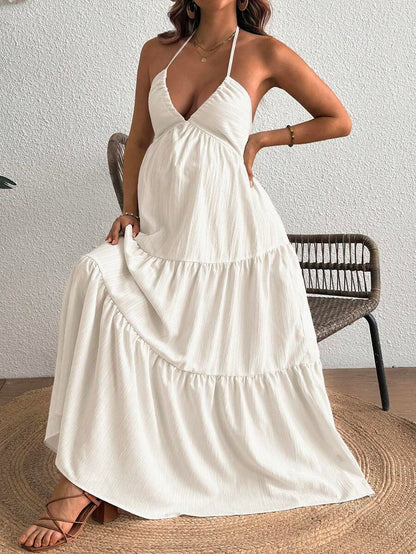 Cherish Maternity Solid Color Backless Maxi Maternity Dress Elegant Sleeveless V Neck Slim Fit Flowy Summer Gown Black
