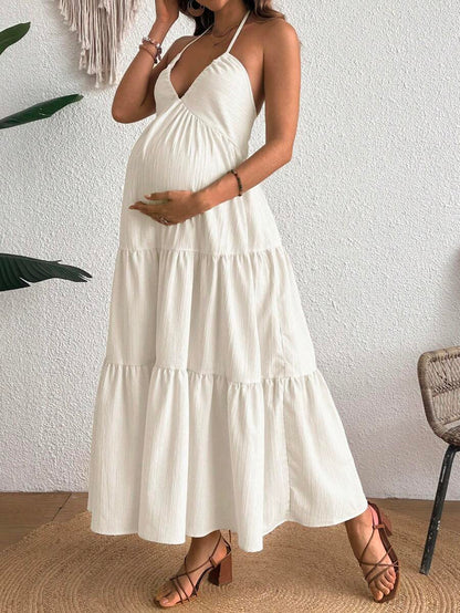 Cherish Maternity Solid Color Backless Maxi Maternity Dress Elegant Sleeveless V Neck Slim Fit Flowy Summer Gown Black