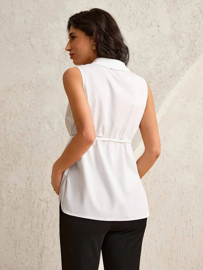 Maternity Shirt Collar Blouse - Belted Waist, Flared Hem, Regular Fit, White
