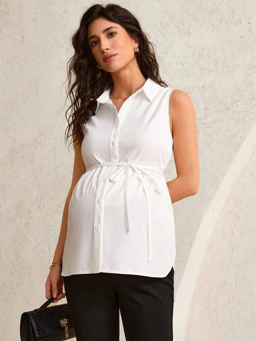 Maternity Shirt Collar Blouse - Belted Waist, Flared Hem, Regular Fit, White