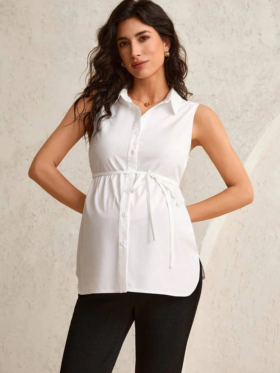 Maternity Shirt Collar Blouse - Belted Waist, Flared Hem, Regular Fit, White