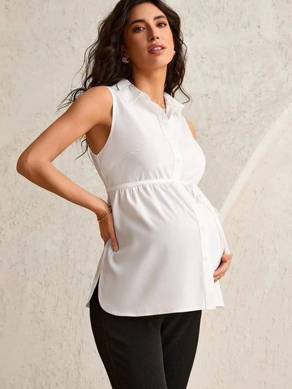Maternity Shirt Collar Blouse - Belted Waist, Flared Hem, Regular Fit, White