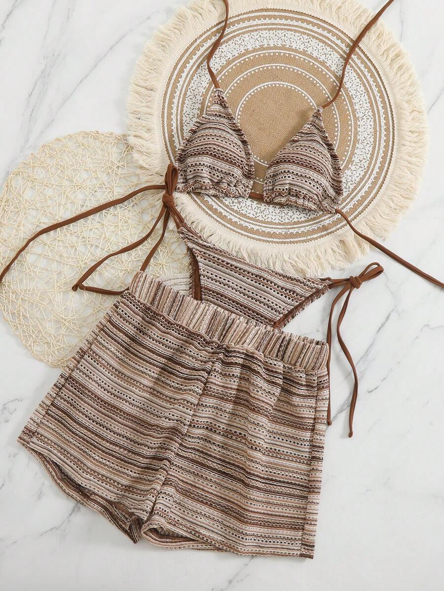 Women's 3-Piece Boho Crochet Bikini Set - Drawstring Cover-Up, Halter, Shorts, Royal Blue