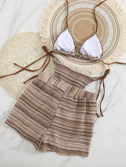 Women's 3-Piece Boho Crochet Bikini Set - Drawstring Cover-Up, Halter, Shorts, Royal Blue