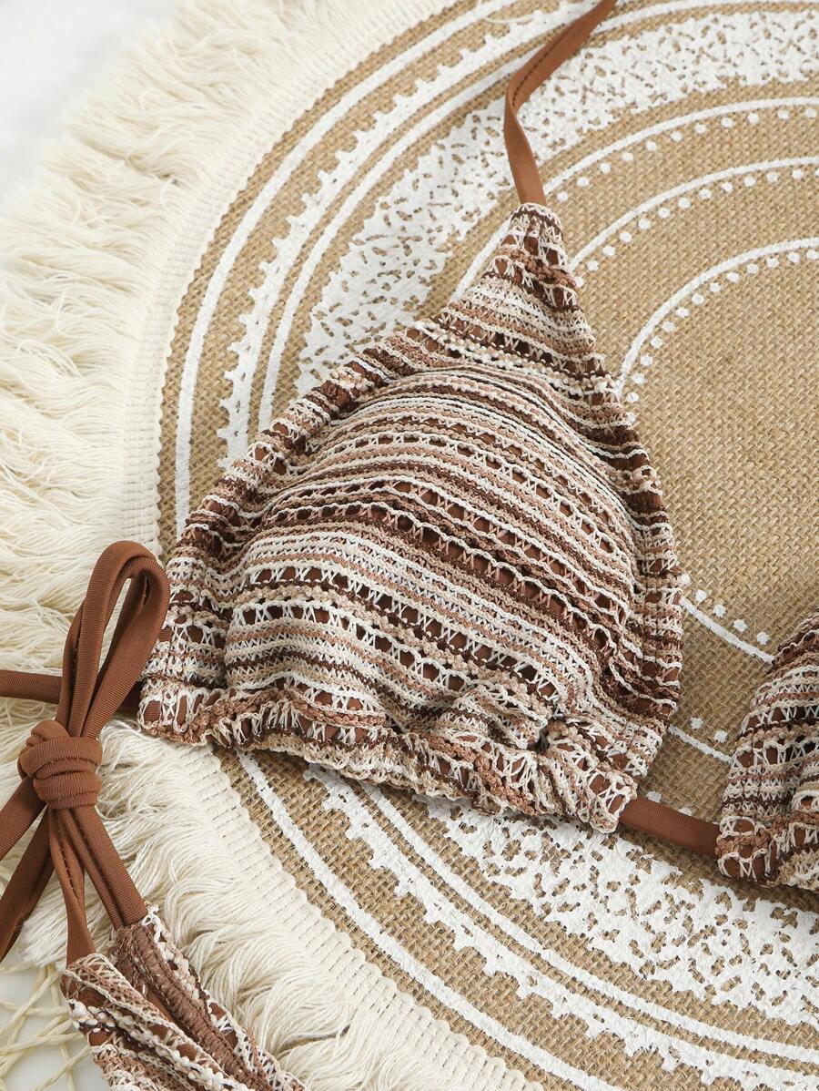 Women's 3-Piece Boho Crochet Bikini Set - Drawstring Cover-Up, Halter, Shorts, Royal Blue