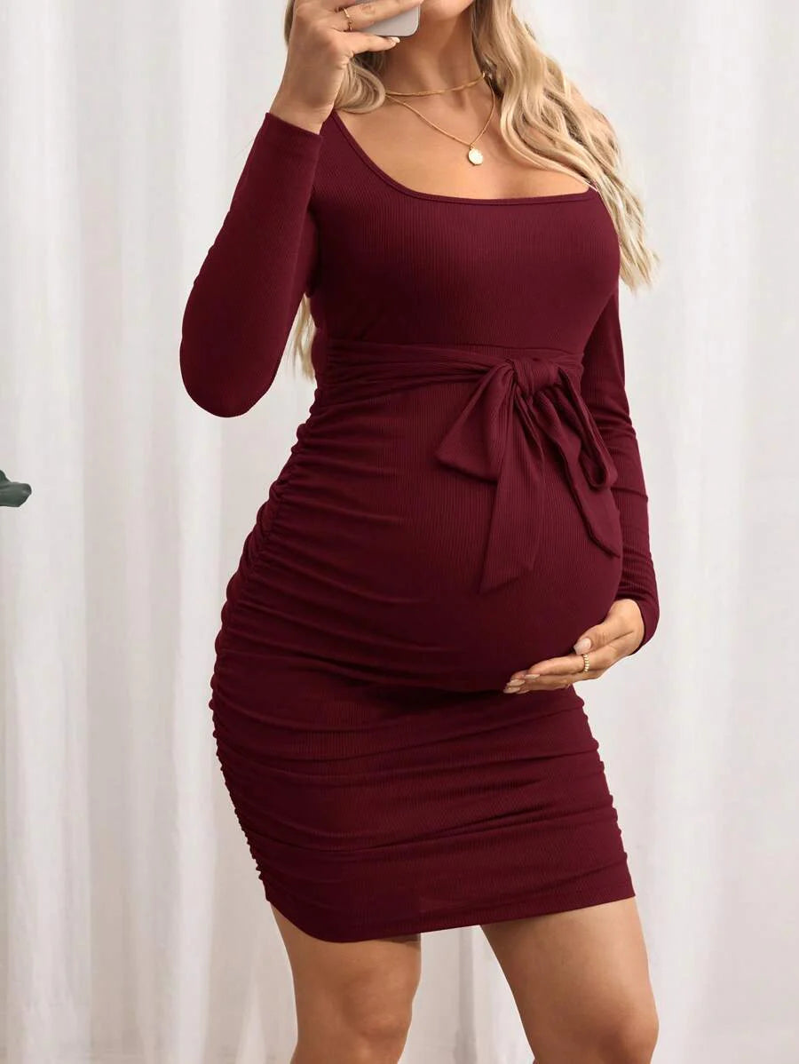 Maternity Bodycon Dress - Khaki Ruched Slim-Fit Belted Square Neck Long Sleeve Ribbed Knit, Pencil