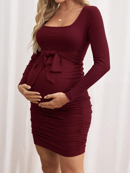 Maternity Bodycon Dress - Khaki Ruched Slim-Fit Belted Square Neck Long Sleeve Ribbed Knit, Pencil