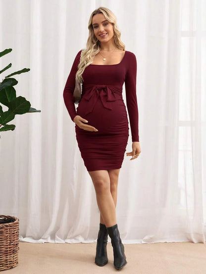 Maternity Bodycon Dress - Khaki Ruched Slim-Fit Belted Square Neck Long Sleeve Ribbed Knit, Pencil